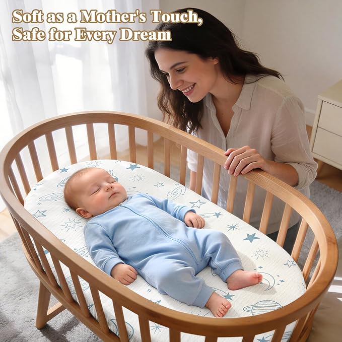 Basumee Muslin Bassinet Sheets for Baby Girl Boy 2 Pack Soft Breathable Baby Bedside Bassinet Fitted Sheets with Bottom Elastic Band Mattress Cover for Rectangle Oval Hourglass Bassinets