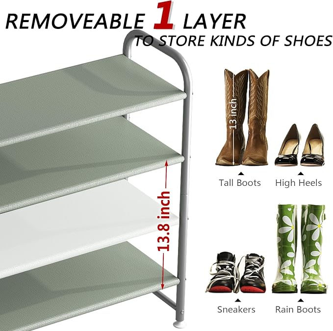 INGIORDAR Shoe Rack 4 Tier Long Storage Organizer Wide Metal Shoe Shelf for Closet Entryway Grey - Image 5