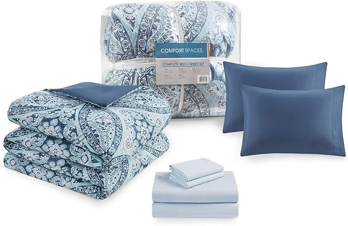 Comfort Spaces Bed in A Bag - Trendy Casual Design Cozy Comforter with Complete Sheet Set with Side Pocket, All Season Cover, Matching Shams, Full(80"x90"), Gloria, Damask Blue 9 Piece