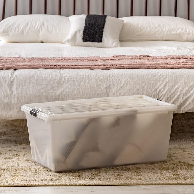 IRIS USA 91 Qt Stackable Plastic Storage Bins with Lids, 4 Pack - BPA-Free, Discreet Organizing Solution, Latches, Durable Nestable Containers, Secure Pull Handle, Made in USA - Pearl - Image 7