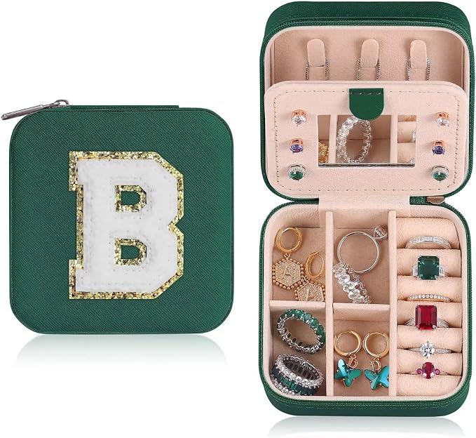 ETHOON Jewelry Travel Case Small Organizer Stocking Box Personalized Gifts Teenage Jewelry Accessories Holiday Christmas Gift for Women Green, Letter B by ETHOON