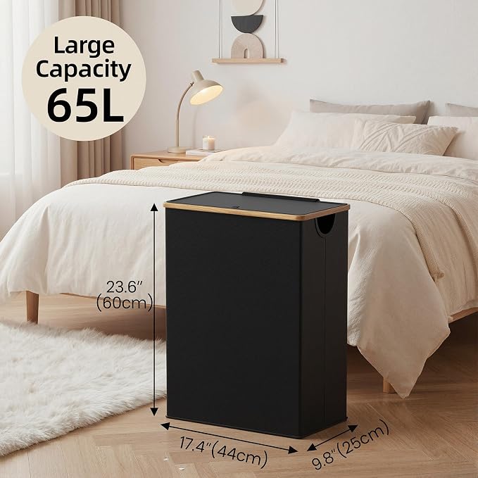 efluky Slim Laundry Basket with Lid, Narrow Laundry Hamper with Removable Bag, Skinny Dirty Clothes Basket with Bamboo Handles for Bathroom, Bedroom & Laundry Room, 65L Black - Image 3
