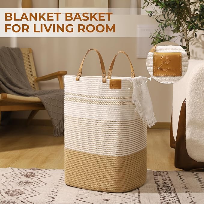 danpinera Large Laundry Hamper – 75L Tall Woven Cotton Storage Basket with Leather Handles, Slim Dirty Clothes Hamper, Decorative Storage Basket for Blanket,Toys White & Jute - Image 4