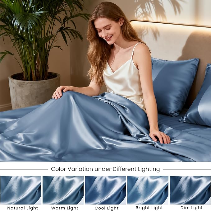 Love's cabin Satin Queen Sheets Set - 4 Piece Ash Blue Silky Bed Sheets Set with Deep Pocket, Luxury Silk Feel Satin Queen Size Sheet Set (1 Flat Sheet,1 Fitted Sheet,2 Pillow Cases)