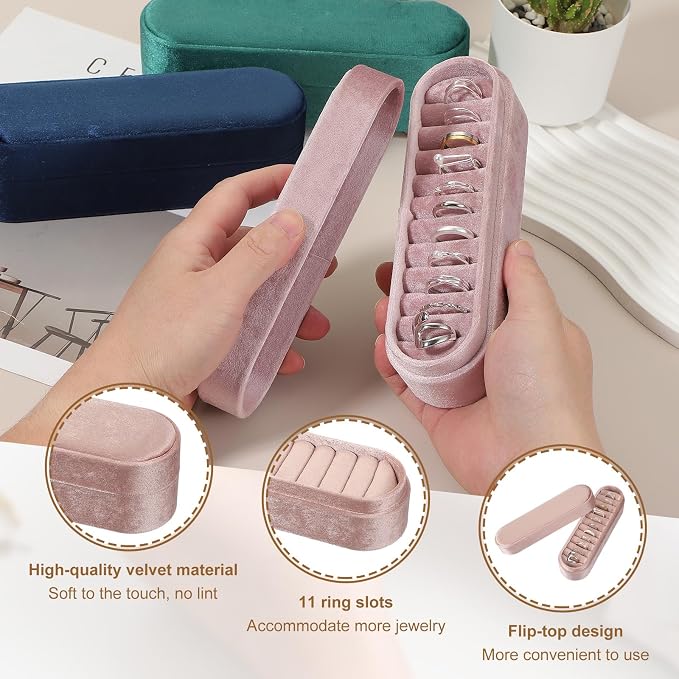 uxcell Velvet Ring Box, 11 Slots Travel Jewelry Case Ring Holder Organizer for Women Gift Proposal Christmas, Light Pink - Image 3