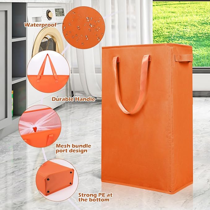 Odonata Slim Laundry Hamper Handles Collapsible Laundry Basket Thin Dirty Clothes Basket Narrow Laundry Bag Foldable Dirty Hamper 45L (Orange) - Image 5