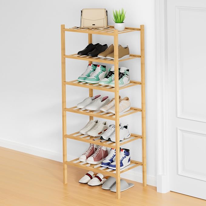 Smiry Shoe Rack, 6 Tier Small Bamboo Shoe Organizer, Stackable Free Standing Wooden Shoe Storage Shelf for Closet, Entryway, Front Door Entrance, Natural by Smiry