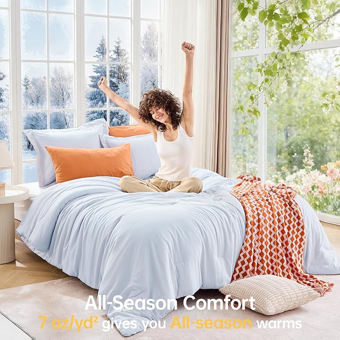 MUXHOMO Queen Comforter Set, All Season Ultra Soft Down Alternative Bedding - 3 Piece Lightweight Bed Set Includes 1 Comforter (90"x90") and 2 Pillow Shams (20"x26"), Light Blue