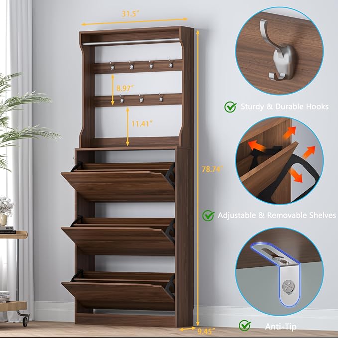 BORNOON Shoe Cabinet with 3 Flip Drawers & Coat Rack, Narrow Hidden Shoe Storage Cabinet, 2-in-1 Hall Tree Slim Freestanding Shoe Rack Organizer for Entryway, Hallway, and Living Room - Image 2