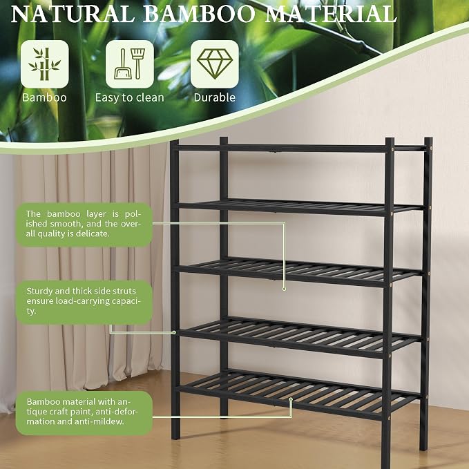ROMGUAR CRAFT 5 Tier Bamboo Shoe Rack for Closet Free Standing Wood Shoe Shelf for Entryway Small Space Stackable 27"x11"x33" (Black) - Image 6