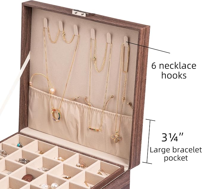 Frebeauty Earring Organizer Classic Jewelry Box 50 Slots Double Layer Jewelry Storage Case with 6 Necklace Hook and Bracelet Pocket(Tree Brown) - Image 4