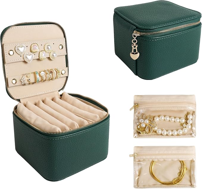 Travel Jewelry Case, Small Travel Jewelry Box with 6 Velvet Jewelry Bag Mini Pouch, Portable Travel Jewelry Organizer for Rings Earrings Necklaces, Beauty Gifts for Women Girls (Green) by Unknown