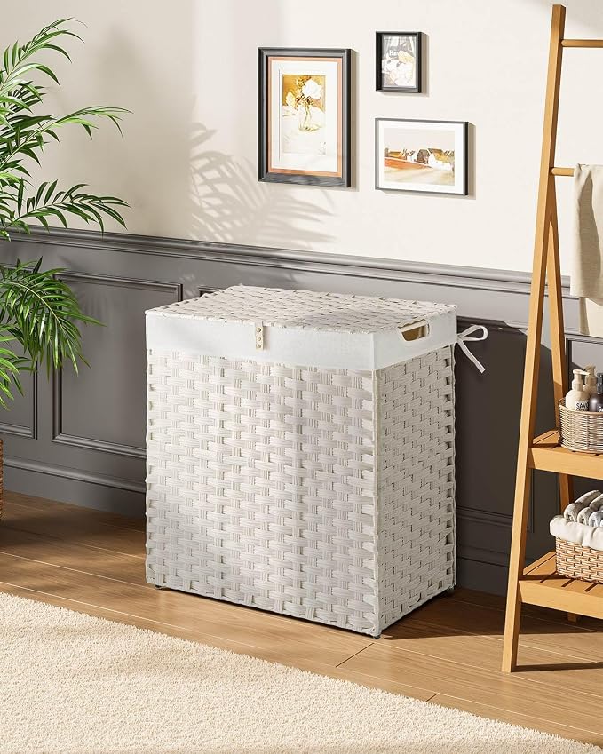 Greenstell Laundry Hamper with lid, No Install Needed, 110L Wicker Laundry Baskets Foldable 2 Removable Liner Bags, 2 Section Clothes Hamper Handwoven Rattan Laundry Basket with Handles, White - Image 2