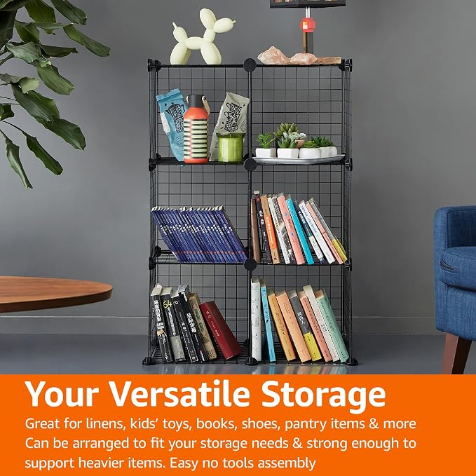 Amazon Basics 6-Cube Wire Grid Stackable Storage Organizer, Metal Shelving Unit, No-Tool Assembly, 26"W x 38"H x 12.6"D, Black - Image 6