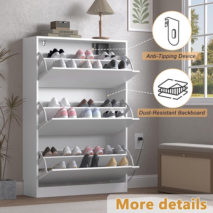 BORNOON Shoe Cabinet with Odor Control and Back Panels, Deodorizing Slim 3-Flip Shoe Storage Cabinet for Entryway, Freestanding Hidden Shoe Rack Organizer for Entrance, Hallway, Bedroom - Image 6
