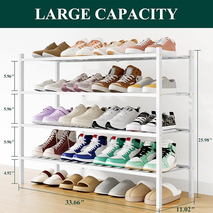 Smiry Shoe Rack, 4 Tier Long Bamboo Shoe Organizer, Stackable Free Standing Wooden Shoe Storage Shelf for Closet, Entryway, Front Door Entrance, White - Image 2