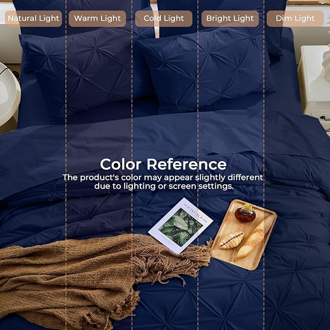 Sasttie Full Size Comforter Set, 7-Piece Bed in a Bag, Pintuck Bedding Sets for All Season, Includes Comforter, Flat Sheet, Fitted Sheet, Pillowcases and Pillowshams, Navy