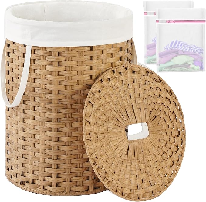 SETVSON Laundry Hamper with Lid 23.8 Gal (90 L) Round Laundry Basket with Lid Handwoven Clothes Hamper Removable Bag 2 Mesh Bags Rattan Woven Basket Handles for Bathroom Living Room Natural by SETVSON