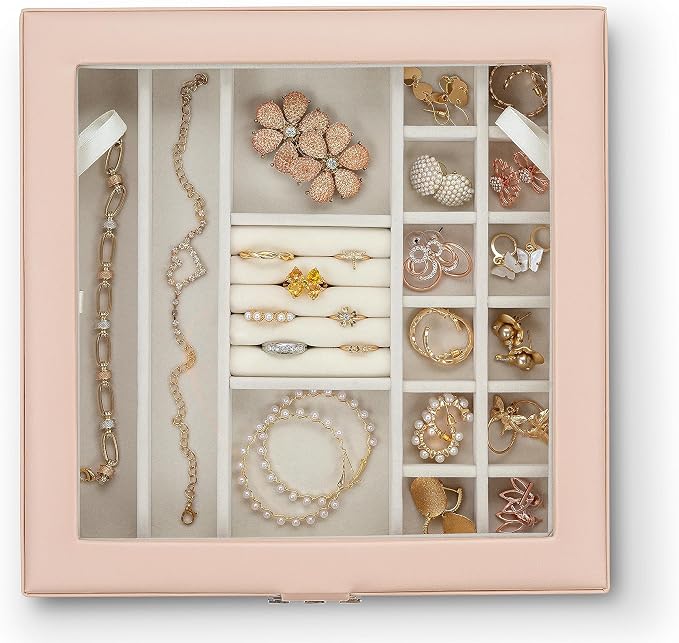 Glenor Co 28 Section Jewelry Box - 2 Layer - Buckle Snap & Magnet Closure - Large Glass Top - Leather Design - Sand - Jewelry Organizer for Women & Girls - for Earring Ring Necklace & Bracelet - Image 4