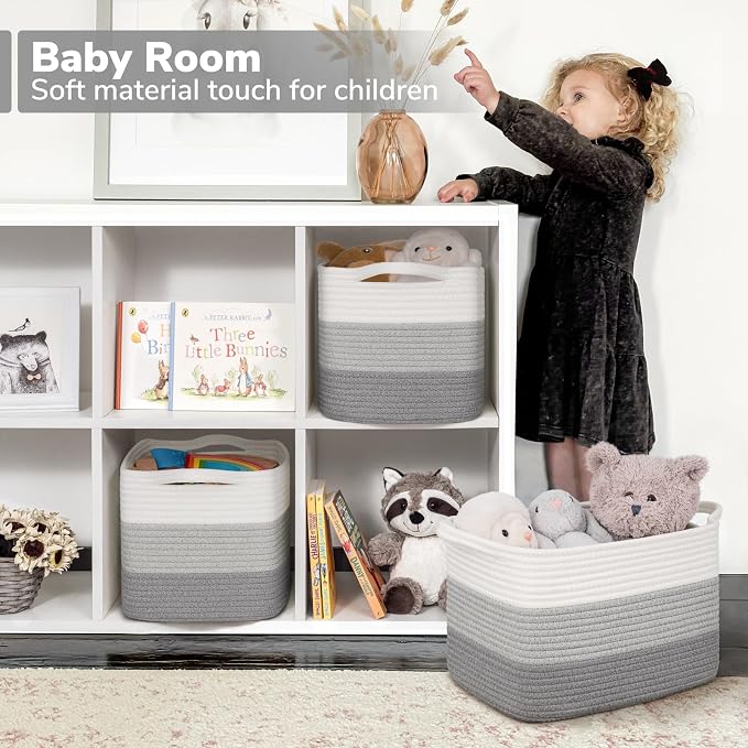 Goodpick Woven Storage Basket, Closet Storage Bins for Books, Towels, Cotton Rope Organizer with Handles, Square Toy Gift Basket for Kids, Gradient Gray, 13 x 10 x 9 Inches - Image 3