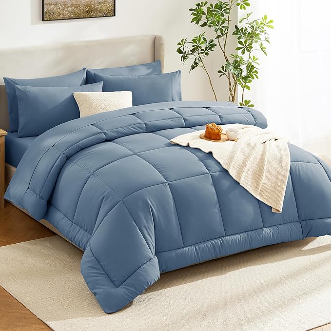 CozyLux Queen Comforter Set Dusty Blue, 7 Pieces Bed in a Bag, Grayish Blue Comforters Queen Size, All Season Bedding Sets with Stitch Quilted Comforter, Flat Sheet, Fitted Sheet, Pillowcases