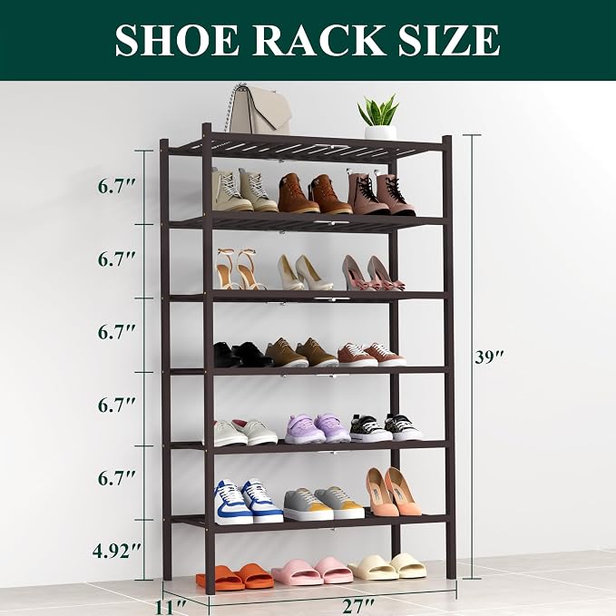 Smiry Shoe Rack, 6 Tier Thick Bamboo Shoe Organizer, Stackable Free Standing Wooden Shoe Storage Shelf for Closet, Entryway, Front Door Entrance, Brown - Image 2