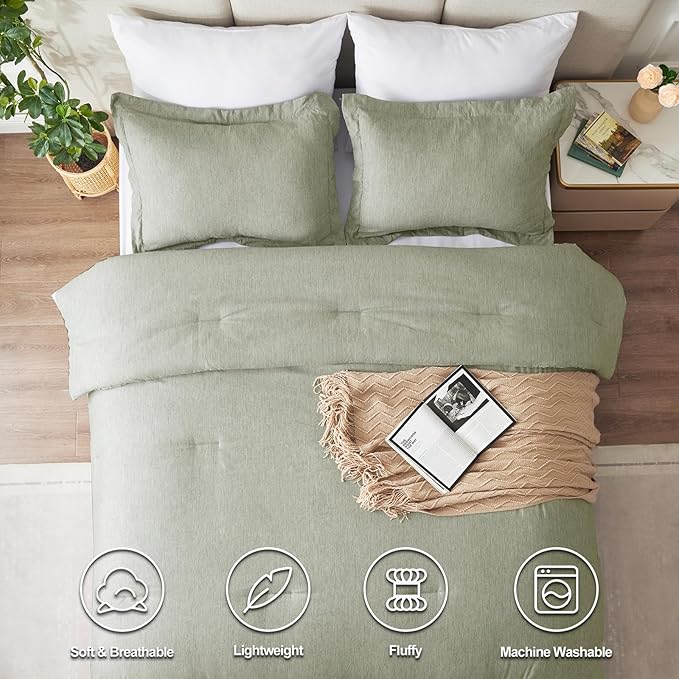 CozyLux Queen Size Comforter Set - 3 Pieces Olive Green Soft Luxury Cationic Dyeing Bedding Comforter for All Season, Breathable Lightweight Fluffy Boho Bed Sets with 1 Comforter and 2 Pillow Shams