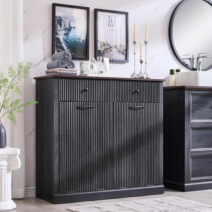 IFBUY Modern Double Tilt-Out Laundry Hamper Cabinet, 20 Gallon Fluted Trash Can Cabinet w/2 Drawers, Wooden Hidden Garbage Can Cabinets w/Laundry Basket, Free Standing for Bathroom and Kitchen, Grey by IFBUYFarmhouseFurniture