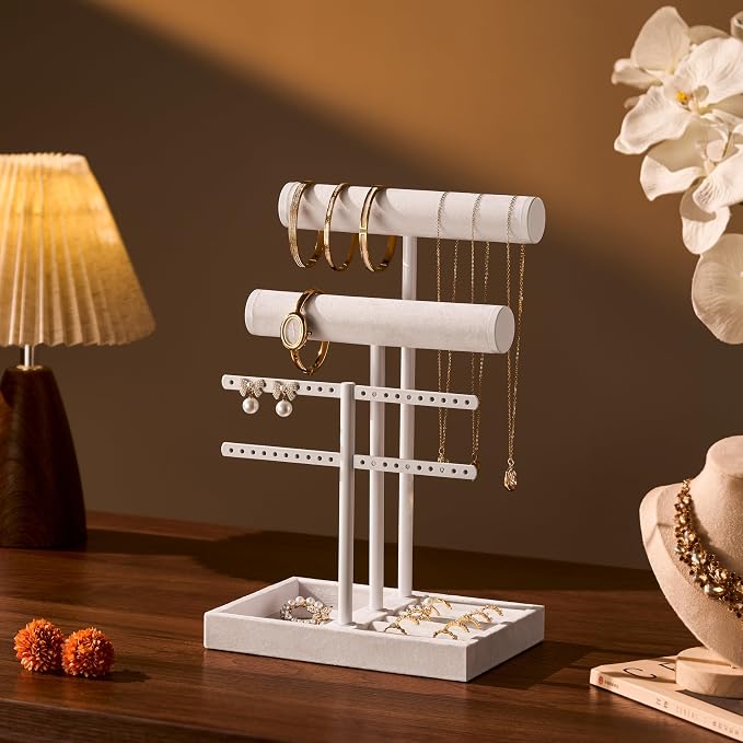 bussdis 3 Tier Bracelet Holder Display - Detachable T Bar Pure White Velvet Bracelet Holder, Jewelry Holder Organizer for Bracelet, Necklace, Earrings, Rings - Image 4