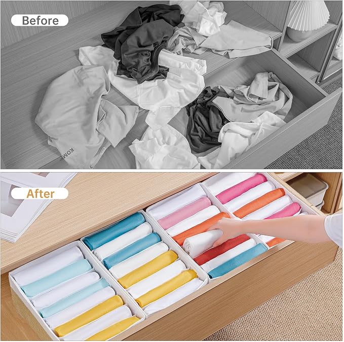 4 Packs T-shirt Drawer Organizers for Clothing,8 Grids Compartment Wardrobe Storage Box, Washable Clothes Organizer for Folded Clothes, Legging, Silk Scarve-12.59''x9.05''x5.9-BeigeWhite - Image 3