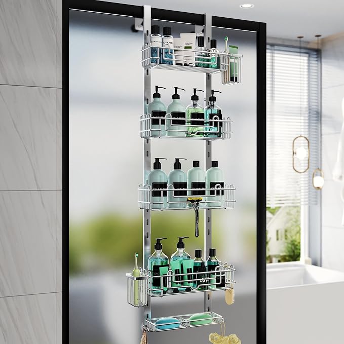 HapiRm 5 Tier Over the Door Shower Caddy, Hanging Shower Caddy with 28 Hooks and 2 Toothbrush Holders, No Drilling Adjustable Hanging Bathroom Organizer - Silver by HapiRm