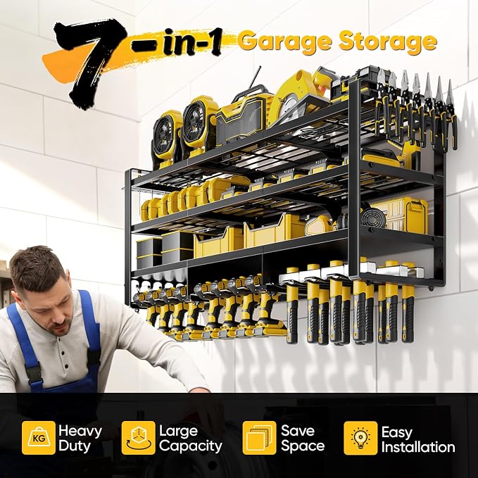 POKIPO 49" W Large Power Tool Organizer Wall Mount, 4 Layer Heavy Duty Loads 800 lbs, Tool Storage Rack Holds 12 Cordless Drills, Large Capacity Battery Holder for Garage, Gift for Men - Image 2