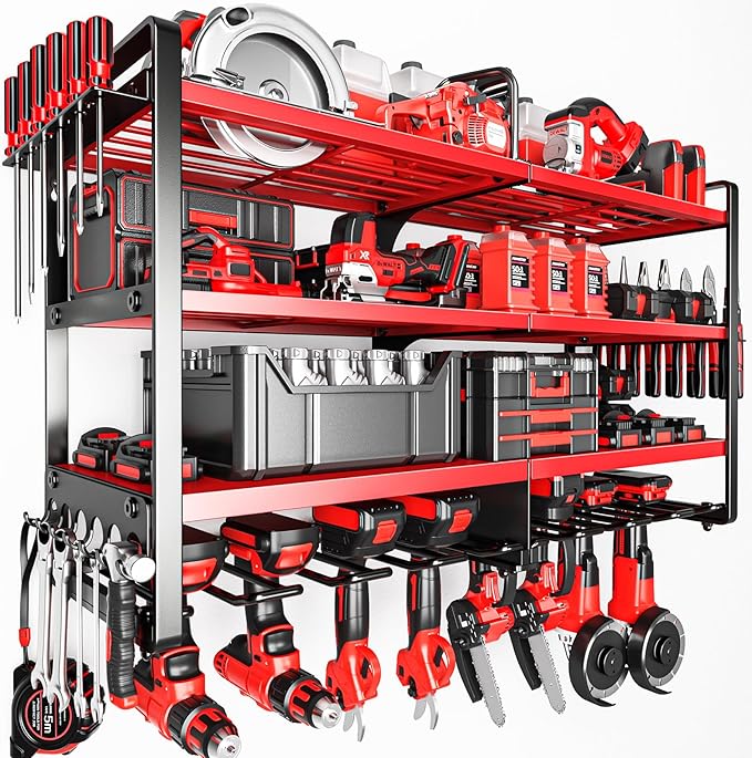 POKIPO Upgrade Large power tool organizer Wall Mount,4 Layers Heavy Duty Metal Loads 400lbs Power Tool Hanger Shelf Battery Storage with 8 Cordless Drill Bit Holder,Utility Racks for Garage Tool Room by POKIPO