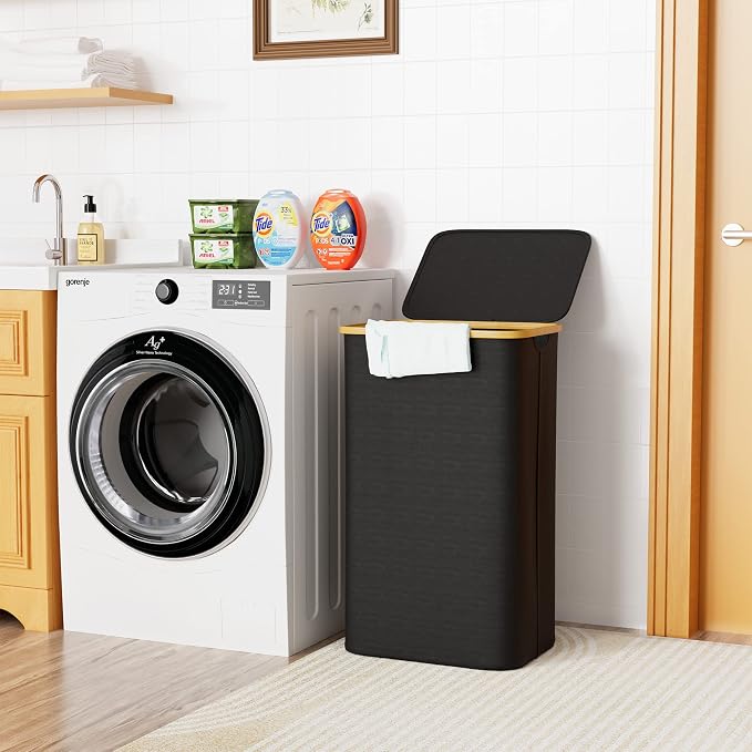 SUOCO Laundry Basket with Lid, 29 Gal (110L) Clothes Hamper with Bamboo Handles, Large Foldable Laundry Hamper for Bedroom, Bathroom, Dorm, Laundry Room - Black - Image 2