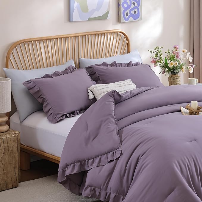 JANZAA King Size Comforter Set Grayish Purple Ruffle Comforter 3PCS Soft Fluffy Boho Comforter Vintage Farmhouse Bed Comforter Set Shabby Chic Bedding with 2 Pillowcases for All Season