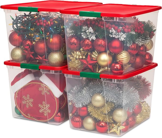 HOMZ 4-Pack Secure Latch, Clear Plastic Storage Organizer Bins, 64 Quart, Red Lid - Stackable Container Boxes for Bedroom, Bathroom, Garage, and Office Organization by Homz