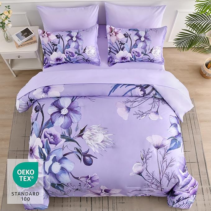 Luxudecor Lavender Purple Floral Comforter Set Queen Size 7 Piece, Flower Bed in a Bag, Elegant Comforter with Sheet Set, Soft Microfiber Bedding Set for All Season (Lavender, 90"x90")