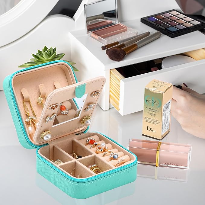 Neveika Jewelry Box with Mirror,Small Jewelry Organizer Box，Travel Jewelry Case for Women，Gift Jewelry Boxes for Female Girls (mirror blue) - Image 5
