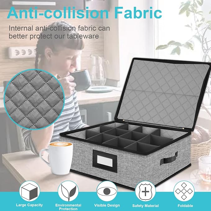 Quilted Mug Cup Storage Box-China Storage Containers Hard Shell,Cup Storage Containers with Lid for Moving Transport,Kichen Dinnerware Storage - Image 3