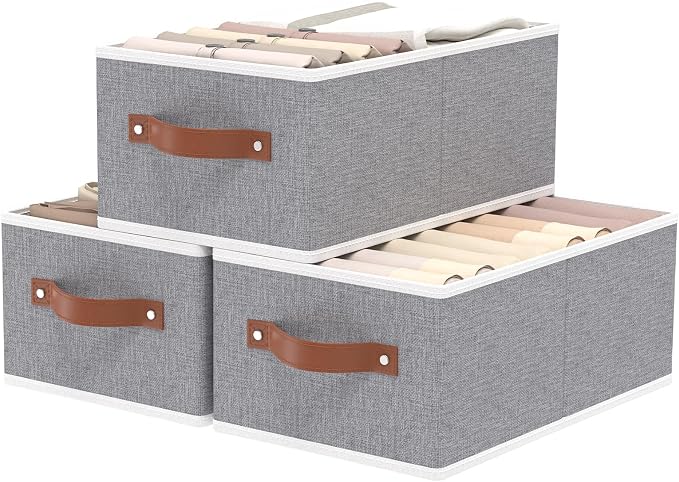 OUTBROS Cube Storage Unit Boxes, Foldable Bins for Bedrooms, Living Rooms, Shelves, Baskets With Handles, Fabric Wardrobe Organiser, Grey, 16.1 x 6.5 x 9.8 inch, 3-Pack by OUTBROS