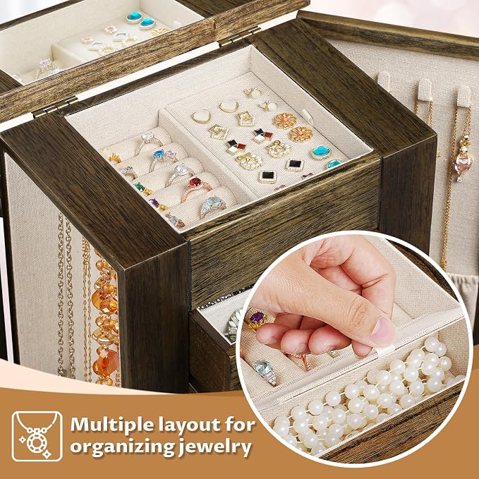 Emfogo Jewelry Box for Women, 5 Layer Large Wood Jewelry Boxes & Organizers for Necklaces Earrings Rings Bracelets, Rustic Jewelry Organizer Box with Rattan, Drawers and Mirror(Vintage) - Image 4