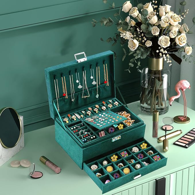 QBestry Jewelry Box for Women with Drawer, 3-Layer Large Jewelry Organizer with Lock & Key, 8 Necklace Hooks & 56 Earring Holes, Green Velvet Jewelry Storage Box for Necklaces Earrings Rings Bracelets - Image 4