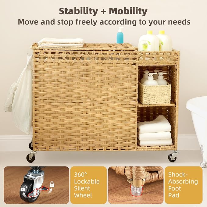 Laundry Hamper with Lid, 160L Rattan Wicker Laundry Basket with Wheels, Handwoven Laundry Hamper 3-Section with Storage shelf(42.3 Gal), Laundry Sorter Basket with Removable Liner, Natural HLH033N - Image 4