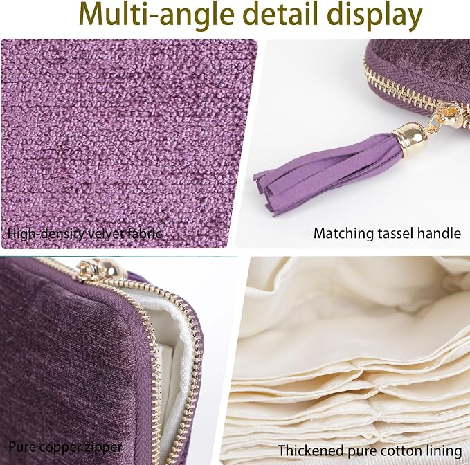 ASINGYER Travel Jewelry Storage Bag for Women, Velvet Portable Jewelry Organizer with Tassel Zipper, Small Pouches for Bracelets Necklaces Rings Earrings, Wedding Gift for Women (purple) - Image 5