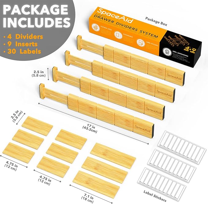 SpaceAid Bamboo 13.25-17“ Drawer Dividers (Need 2.35" Deep Drawer) Kitchen Adjustable Organizers, Expandable Organization for Home, Office, Dressers, 4 Dividers with 9 Inserts - Image 5