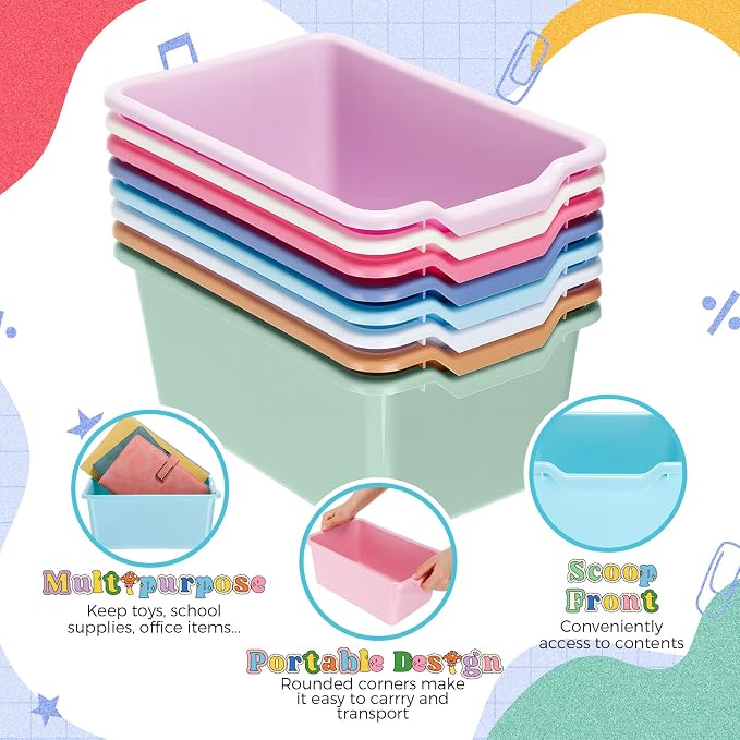 Dandat 16 Pcs Plastic Book Bins for Classroom Library Cubby Bins Scoop Front Stackable Toy Storage Tubs Containers for School Office Home Nursery Playroom Organization(Pastel Color) - Image 3
