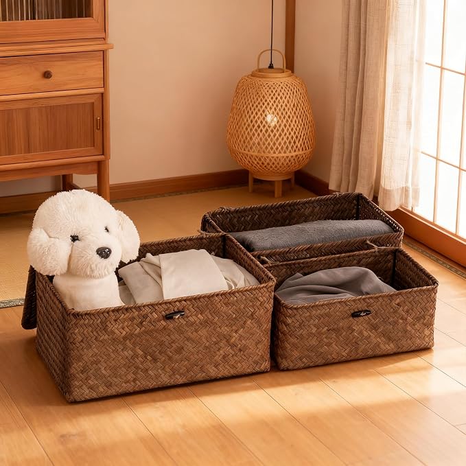 Nonam Seagrass Storage Baskets with Lid Set of 3,Wicker Basket Storage Bin for Shelves,Rectangular,Boho Decor,Handwoven Shelf Basket for Organizing-Storage Container Box for Home Organization-Coffee - Image 9