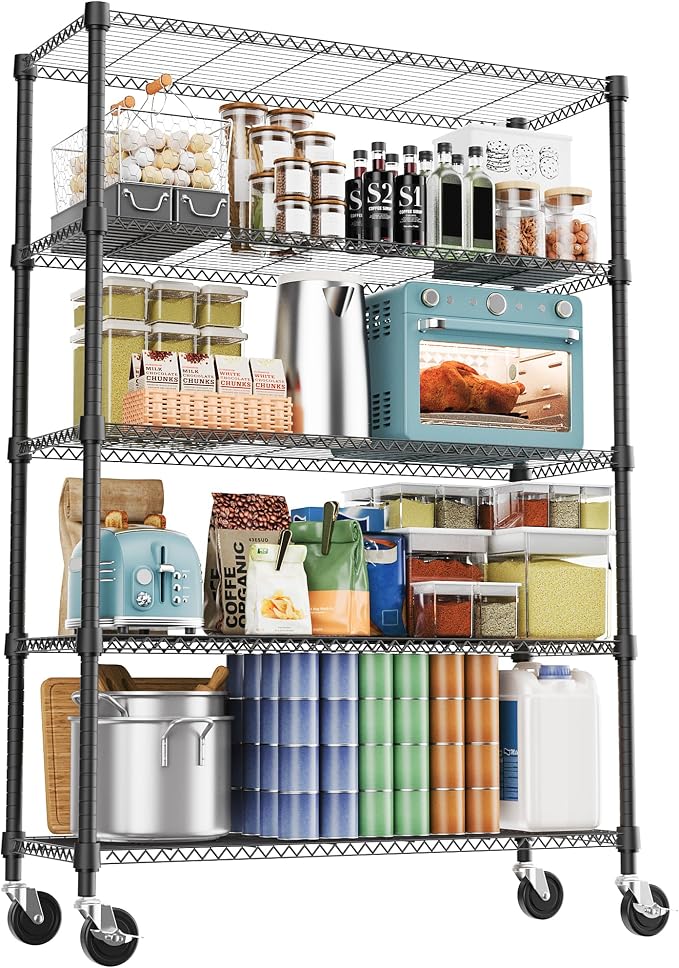 M MZG 1750LBS 47.2" W 5 Tiers Storage Shelves Metal Shelving Unit with Wheels Heavy Duty Garage Shelving Adjustable Wire Shelves for Pantry,Kitchen,Garage,Basement,Black 17.7" D x 47.2" W x 76.8" H by MEIGAOPLASTICANDMETALHKCOLIMITED