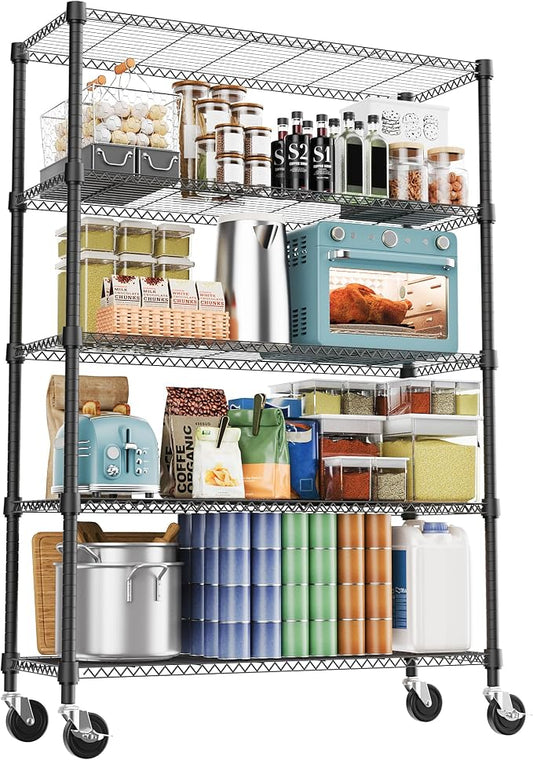 M MZG 1750LBS 47.2" W 5 Tiers Storage Shelves Metal Shelving Unit with Wheels Heavy Duty Garage Shelving Adjustable Wire Shelves for Pantry,Kitchen,Garage,Basement,Black 17.7" D x 47.2" W x 76.8" H by MEIGAOPLASTICANDMETALHKCOLIMITED