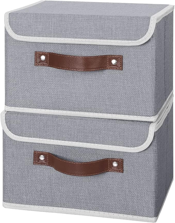 ANMINY 2PCS Storage Bins with Lid PU Leather Handles Storage Boxes PP Plastic Board Decorative Foldable Lidded Cotton Linen Fabric Home Cubes Baskets Closet Organizer Containers - Gray, Small Size - Image 2
